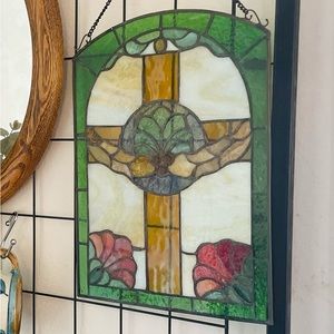 Cross w/Flowers Stained Glass Suncatcher Window Round Top Panel